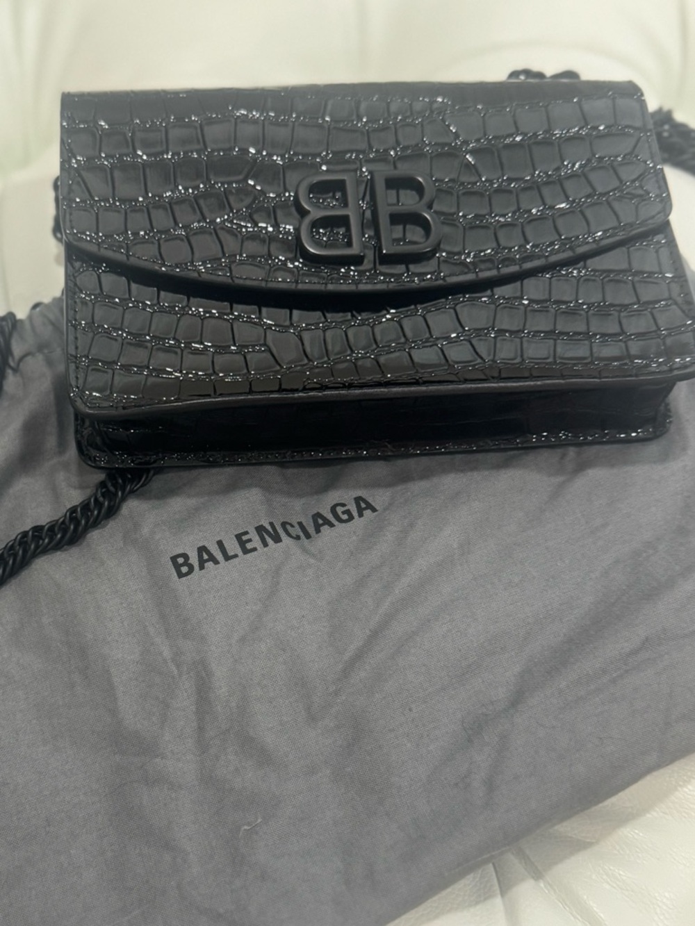Balenciaga Black Croc-Embossed BB Crossbody Bag